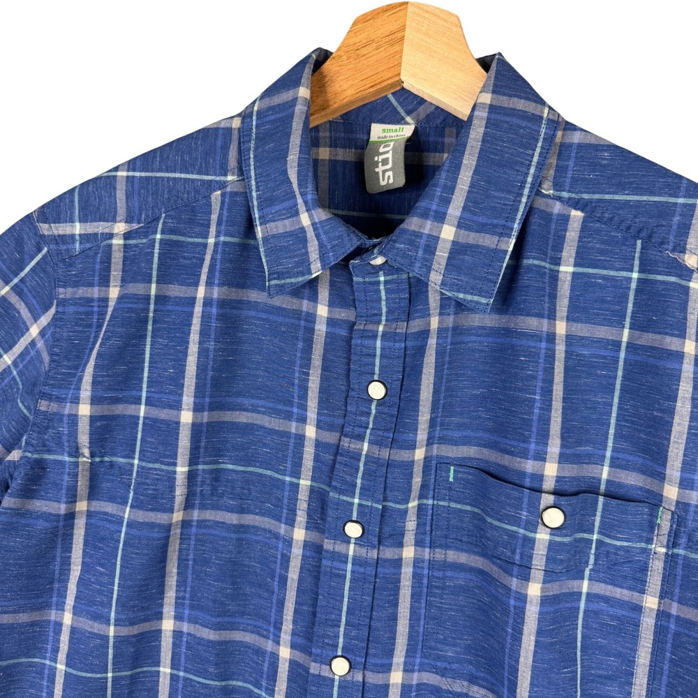 Stio Eddy Shirt Mens Small Blue Plaid Short Sleeve Pearl Snap Western 2381